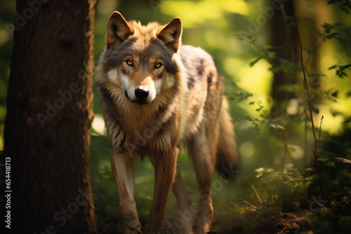 Majestic and gorgeous wolf in the verdant forest