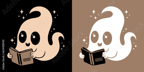 Ghost reading books illustration. Sheet ghost holding a book. Fall season aesthetic cute flat design for book lovers. Bookish minimalist vector illustration for printable products.