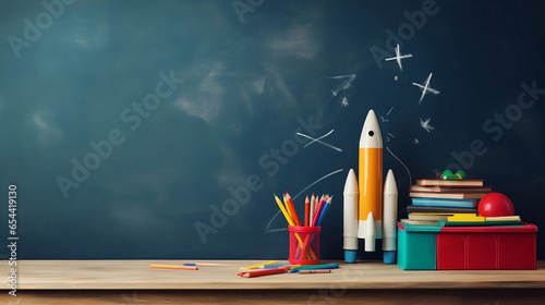 Back to School: Supplies on Desk with Rocket