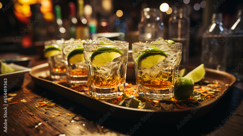 Shots of tequila at a party - clouseup image of tequila glasses in a bar