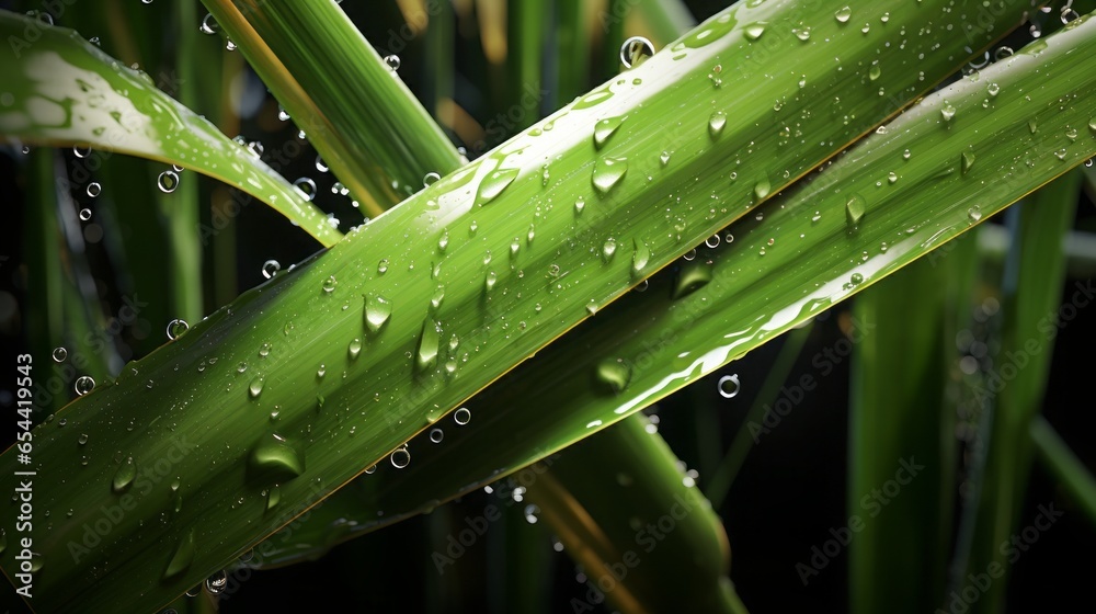 fresh ripe sugarcane with shimmering waterdrops, 16:9, Concept: nature background - obrazy, fototapety, plakaty 