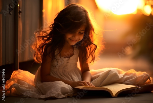 Little girl reading book with bedtime stories. photo