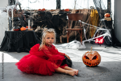 Portrait of a little girl in a red dress, with a pumpkin and a black cat. Adorable smiling child and posing in full length on Halloween celebration preparations.