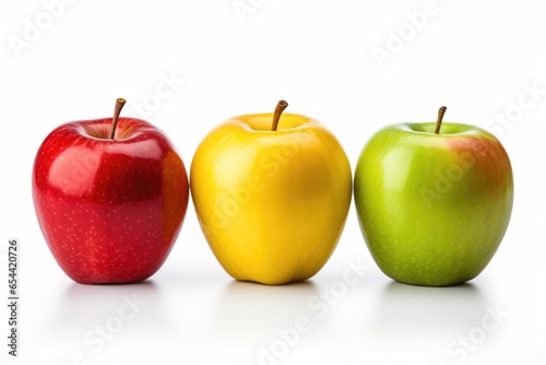 Colorful apple set red green and yellow fruit  three apples nature food isolated on white background AI generated