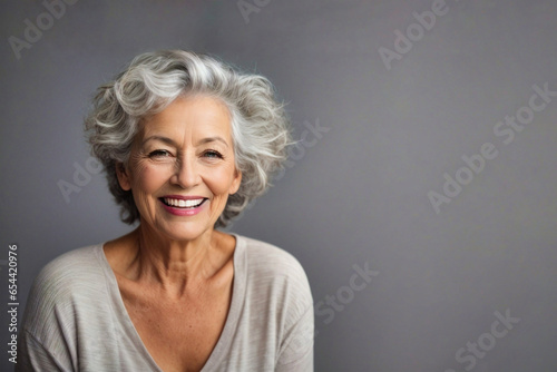Hermosa mujer de 60 años de edad con el pelo gris riendo y sonriendo con dentadura perfecta.