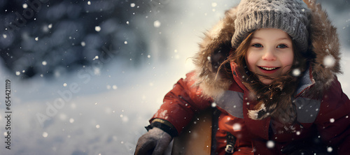 a beautiful girl is having fun during winter in the snowfall. Child on winter background. Copy space.