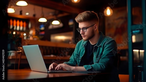 Digital freelance, remote online work, modern lifestyle. Successful businessman in glasses typing on laptop sitting in the cafe. Young handsome guy male entrepreneur works remotely in cafeteria.