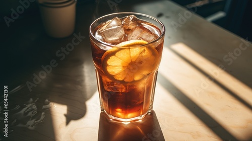 The essence of summer with a glass of freshly brewed iced tea. The chilled beverage glistens  offering a refreshing escape.