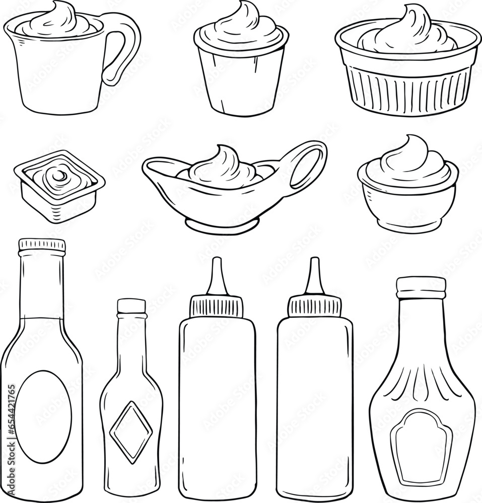 Vector illustration of an engraving style set of different sauces in saucepans and bottles