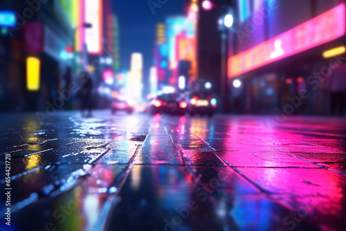 Futuristic neon city lights and wet street reflection