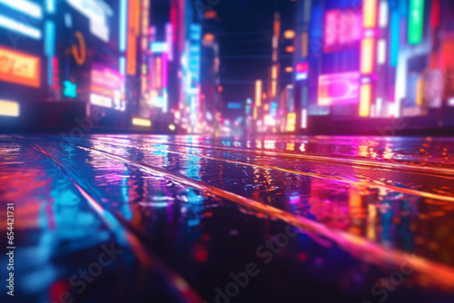 Futuristic neon city lights and wet street reflection © Simonforstock