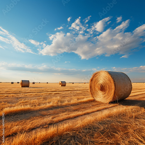 a grass bales in the grass  in the style of expansive skies  light orange and azure