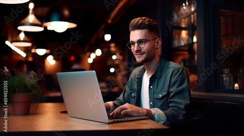Digital freelance, remote online work, modern lifestyle. Successful businessman in glasses typing on laptop sitting in the cafe. Young handsome guy male entrepreneur works remotely in cafeteria.