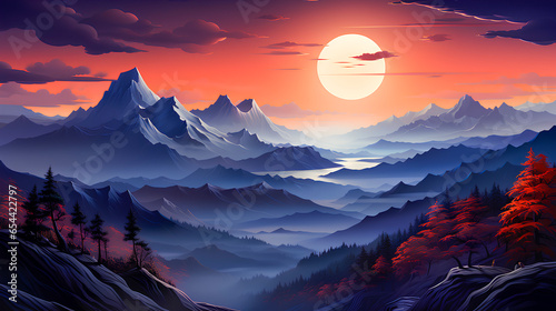 Background with a landscape of mountains at sunset