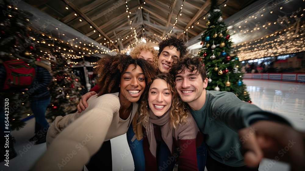 Multiracial group of friends taking a selfie at ice skating rink celebrating Christmas. Generative AI. - obrazy, fototapety, plakaty 