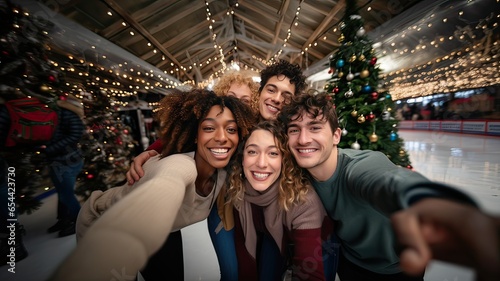 Multiracial group of friends taking a selfie at ice skating rink celebrating Christmas. Generative AI.