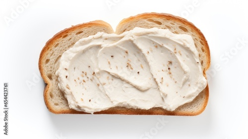 Morning indulgence! Showcase the tempting combination of bread and creamy cheese, top view on a white backdrop. Ideal for promoting delicious breakfast options