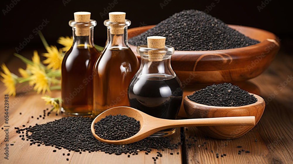 Black Cumin is Organic herbal medicine for many diseases, Nigella Sativa in spoon on wooden background. Generative AI - obrazy, fototapety, plakaty 