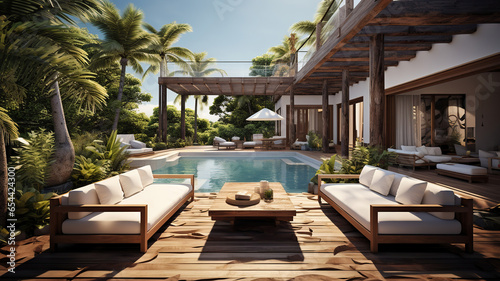 Pool in resort, terrace with sofas and sun loungers by the pool. Generative AI
