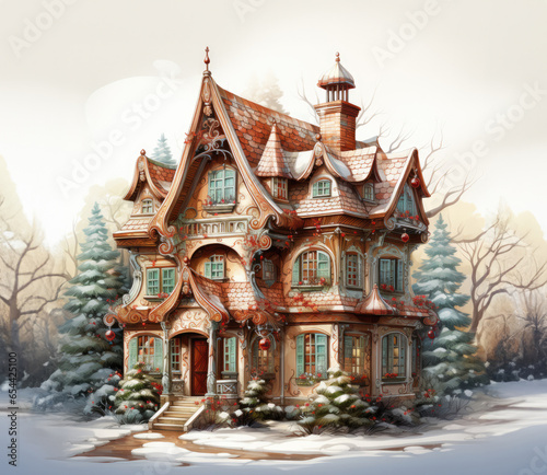 Magical gingerbread Christmas house in the forest. illustration on white background © Margo_Alexa