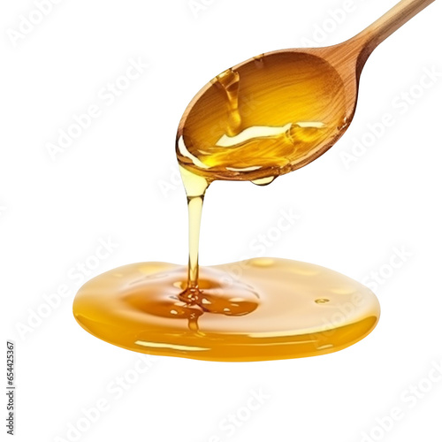 Honey dropping from wooden spoon isolated on transparent background