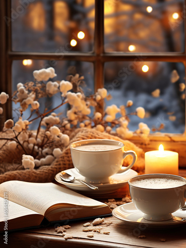 Cozy Winter Afternoon: Coffee and Book by the Snowy Window