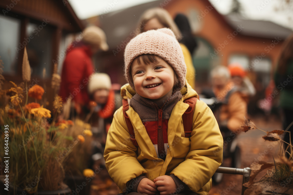 A young child with Down syndrome participating in inclusive play with peers, promoting social development. Generative Ai. A young child with Down syndrome participating in inclusive play with peers, promoting social development. Generative Ai.
