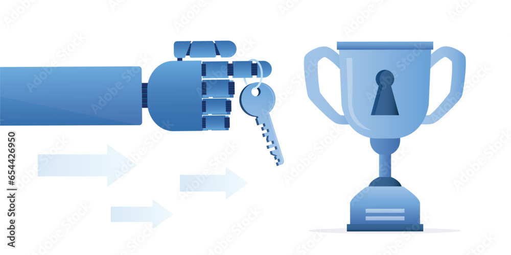 Giant robot hand holds key to success. Chat bot helps to achieve victory, open way to goals and rewards. Modern technology in business and sports helps to achieve targets and receive an award. Giant robot hand holds key to success. Chat bot helps to achieve victory, open way to goals and rewards. Modern technology in business and sports helps to achieve targets and receive an award.