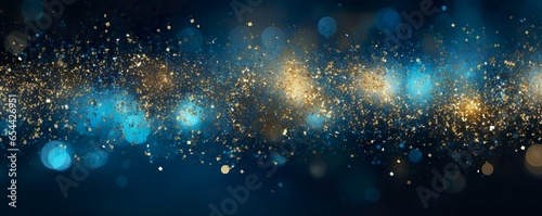 Shimmering Cosmos: Abstract Glitter Lights in Blue, Gold, and Black. De-focused, Bokeh Elegance for Web Banners and Designs, Wide Size © Konrad