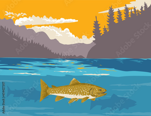 WPA poster art of a lake trout or Salvelinus namaycush in upper Missouri River at Gates of the Mountains in western Montana USA in works project administration style or federal art project style.
 photo