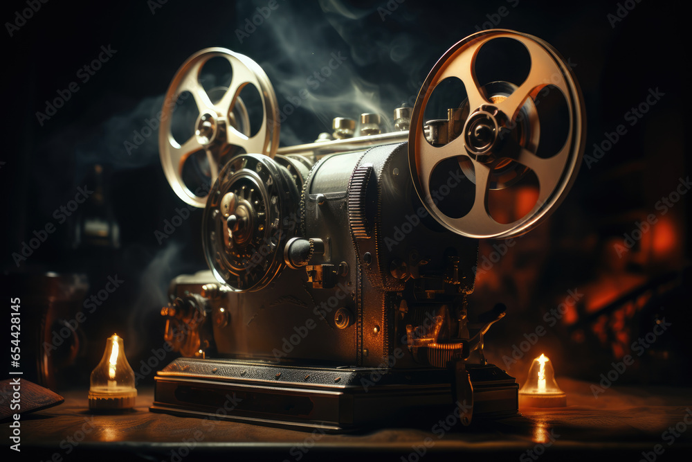 A vintage film projector flickering to life, symbolizing the birth of