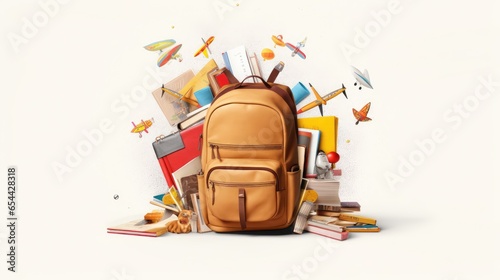 School backpack with filling. Backpack illustration. Full backpack isolated on a light background. Chancellery. Office supplies photo
