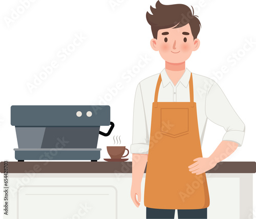 Man wearing apron in a coffee shop kitchen flat style vector illustration, Coffee shop operator, coffee shop keeper, café staff stock vector image