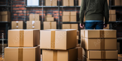 warehouse worker sorts boxes before shipping, delivery service