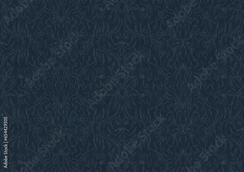 Hand-drawn unique abstract symmetrical seamless ornament. Light blue on a deep blue background. Paper texture. Digital artwork, A4. (pattern: p11-1b)