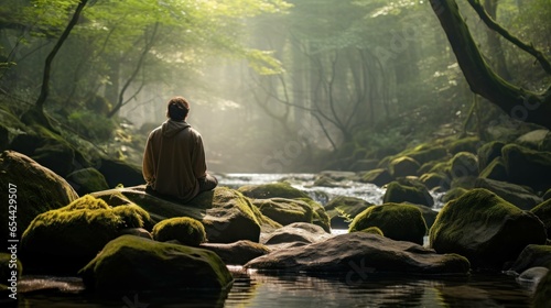 A person meditates by a river in a forest covered with dense trees. © Royal Ability