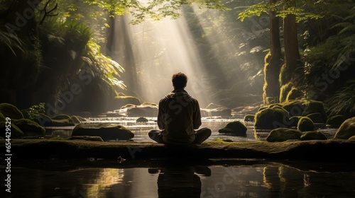 A person meditates by a river in a forest covered with dense trees.