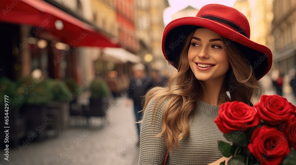 Elegance in the City: An elegant young lady, dressed in a trench coat and holding red roses, Elegance in the City: An elegant young lady, dressed in a trench coat and holding red roses,