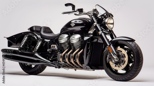 A black motorcycle is parked on white isolated background 