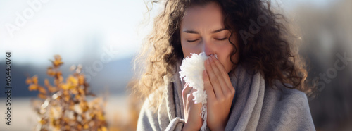 Sick, tissue and portrait of woman blowing nose in studio with flu, illness and virus on white background. Health, wellness and face of male person with hayfever, cold symptoms and sneeze for allergy photo