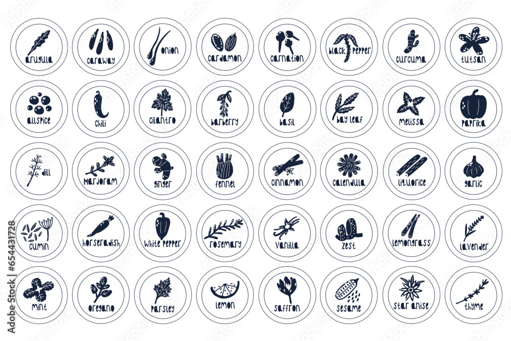 Circle Label Spice and Herb Black and White Set Circle Label Spice and Herb Black and White Set