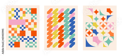 Geometric isolated posters in bauhaus style on transparent background. Colorful abstract shapes backgrounds. Swiss design aesthetic.