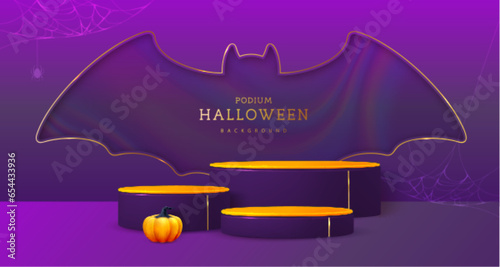 Halloween showcase background with 3d podiums, halloween pumpkin and bat cut out silhouette. Halloween spooky background. Vector illustration