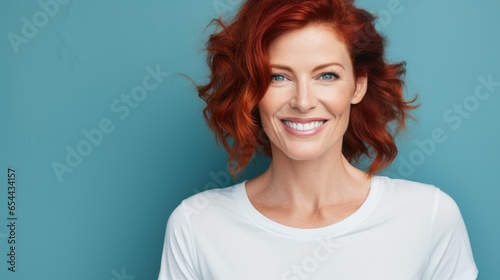 Mature redhead exudes confidence against a teal canvas. Her spirited demeanor is highlighted by the contrasting backdrop. Perfect for modern fashion or lifestyle ads.