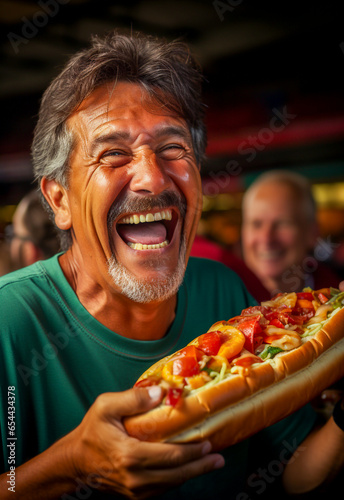 A Happy and smiling man eats a big stuffed sandwich