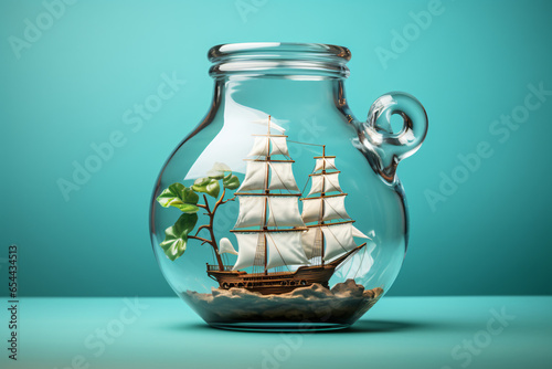 Sailing ship in a glass jar set on table cyan background