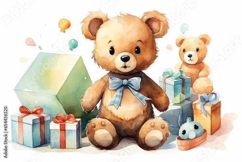 Watercolor illustration on a children's theme, cute baby toys, pastel colors © Henryzoom