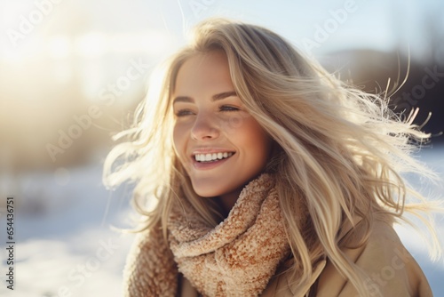 Smiling woman winter portrait. Harmony with nature.