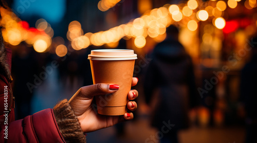 Young Woman's Hand with Hot Drink, Cozy Christmas Moments. Generative AI.