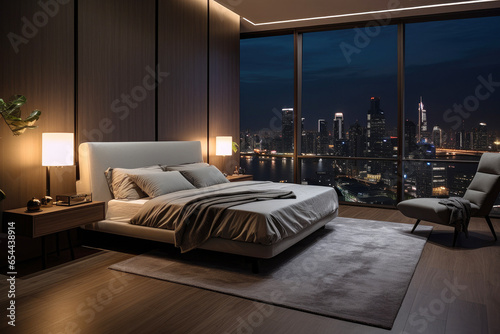 Bedroom in a penthouse on a high floor, a room with a view of the city from the bed.